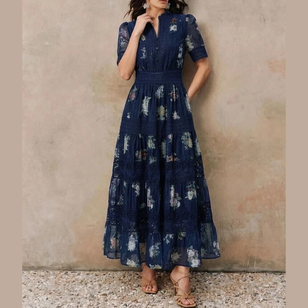 Navy Floral Print Lace Trim Tiered Puff Sleeve Maxi Dress